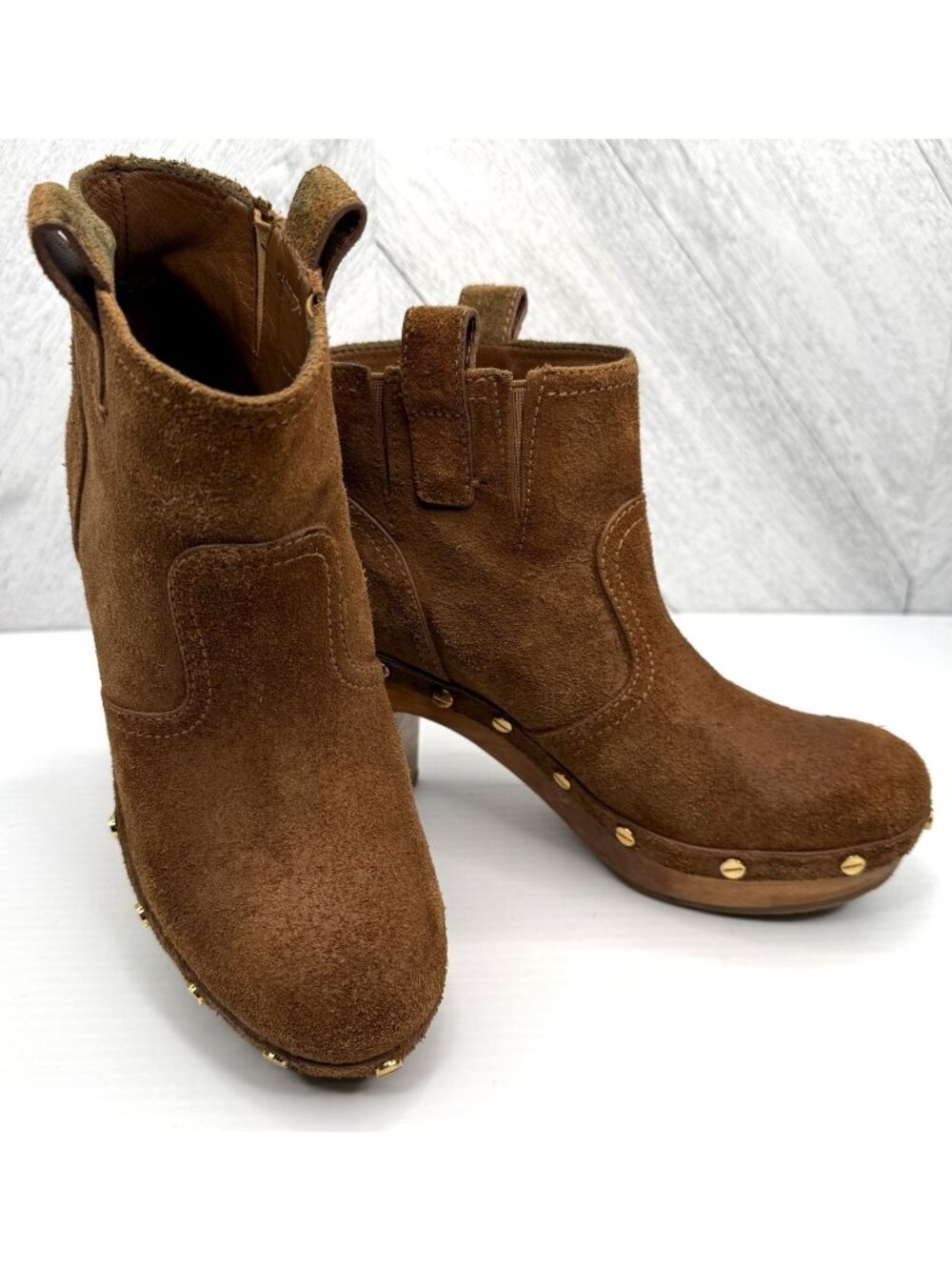 Tory Burch Ginevra Ankle Boots Womens 7 Brown Suede Wooden Clog Studded Platform